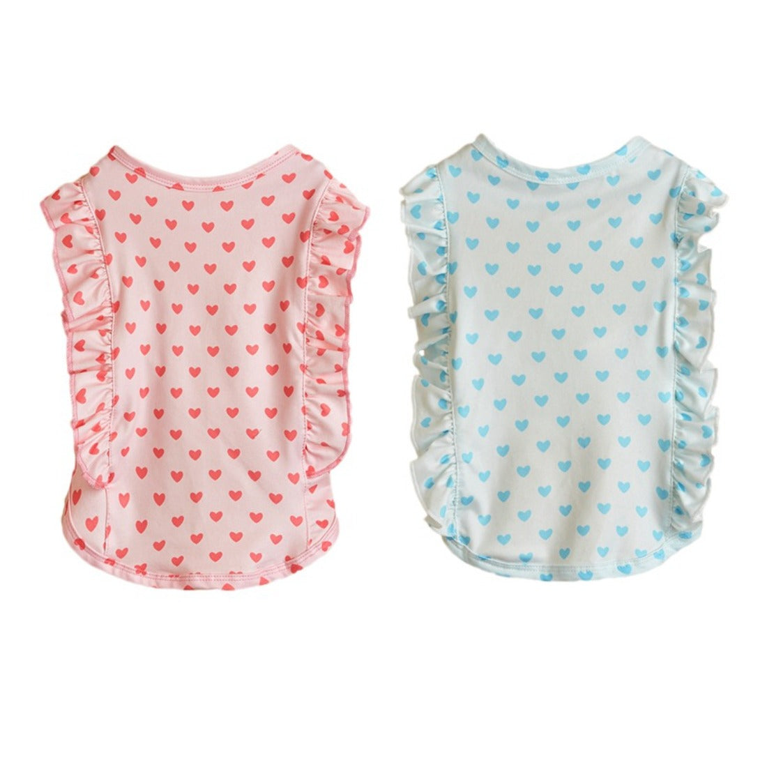 Close-up of Ozzie dog in heart print ruffle t-shirt showing side view of ruffled sleeves