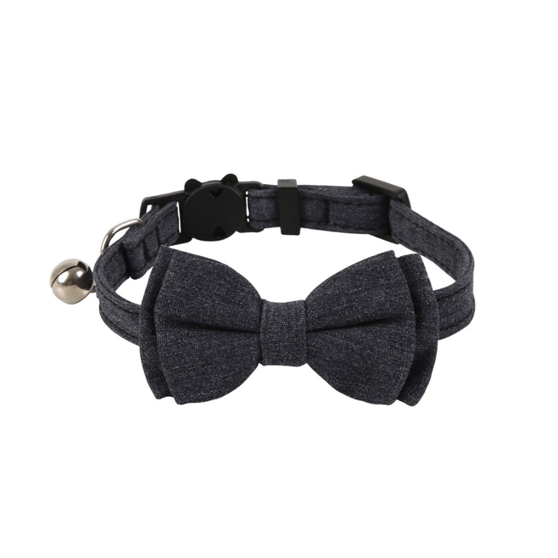 Mokka cat collar with solid color bow and bell laid flat on surface