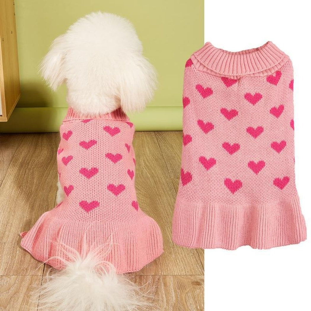 Ozzie - Heart Pattern Ruffle Hem Dog Sweater Dress