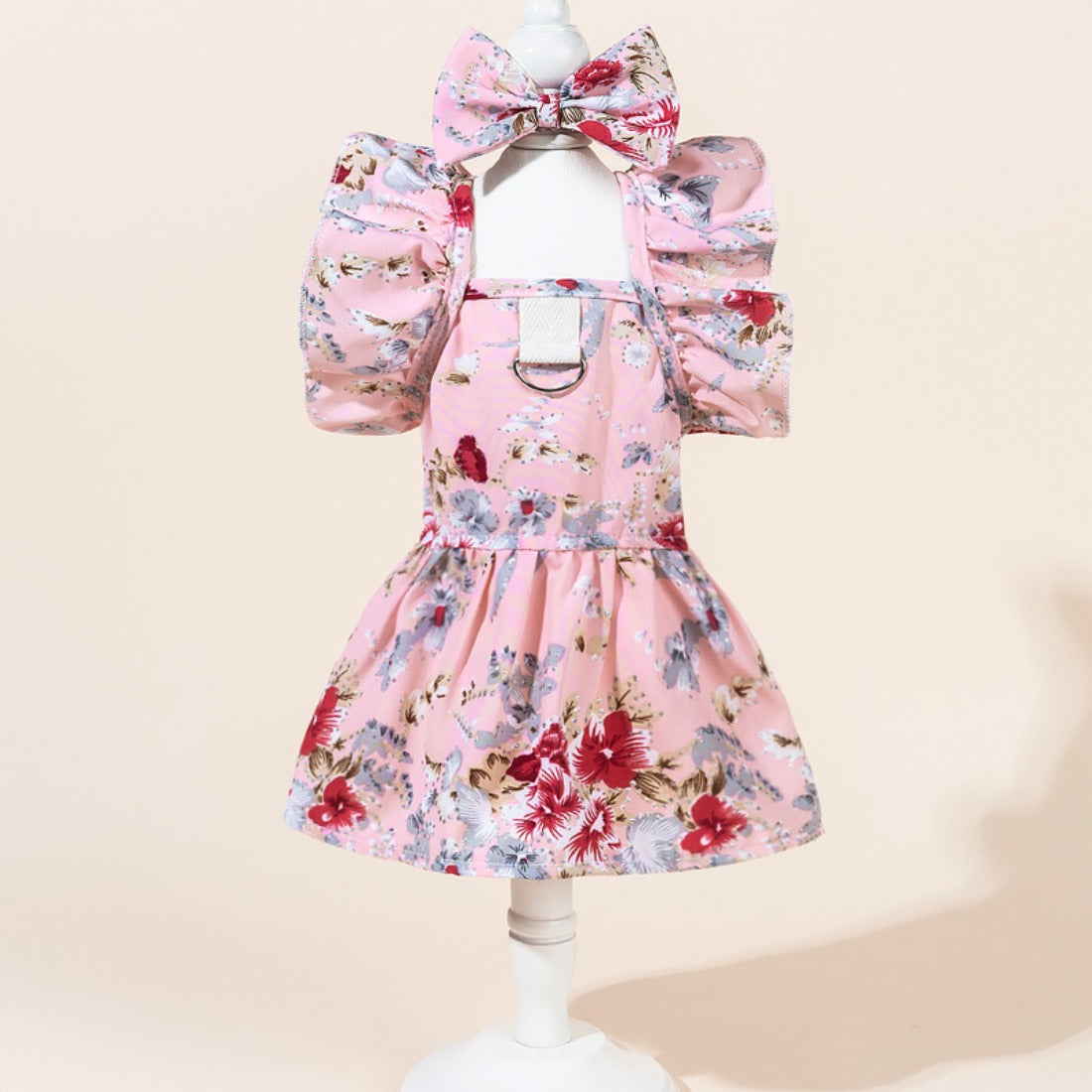 Side view of the leopard dog dress showing the bow and sleeveless design