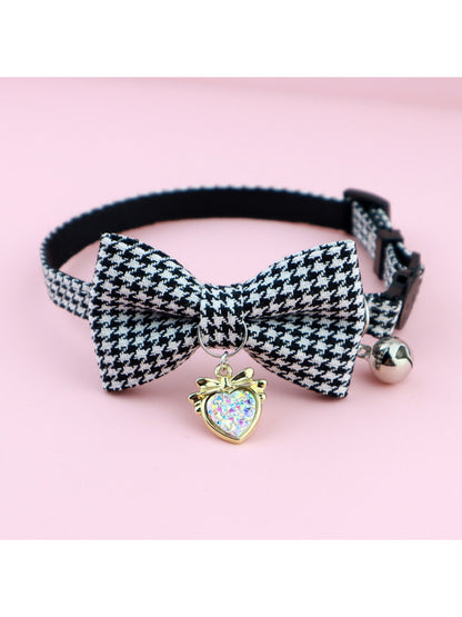 Mokka cat collar with black and white houndstooth bow and small bell