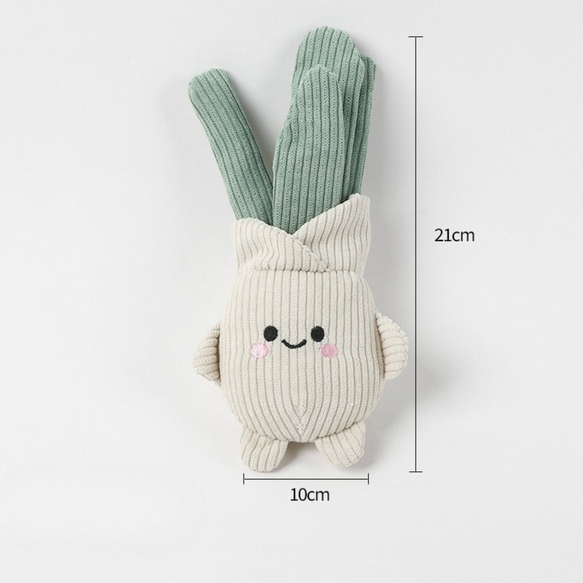 Side view of Petkin plush vegetable dog toy with visible stitching and squeaker