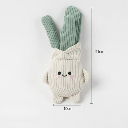 Side view of Petkin plush vegetable dog toy with visible stitching and squeaker