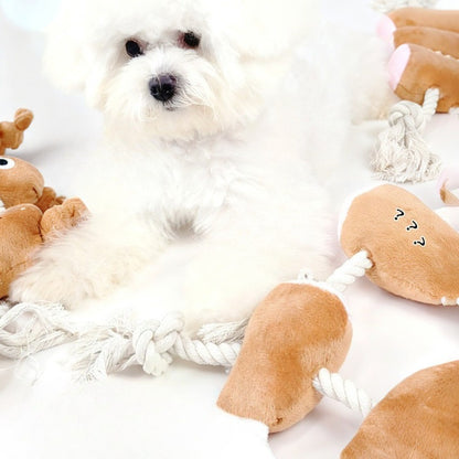 Side view of the Petkin rope dog toy showing the textured rope and plush drumstick
