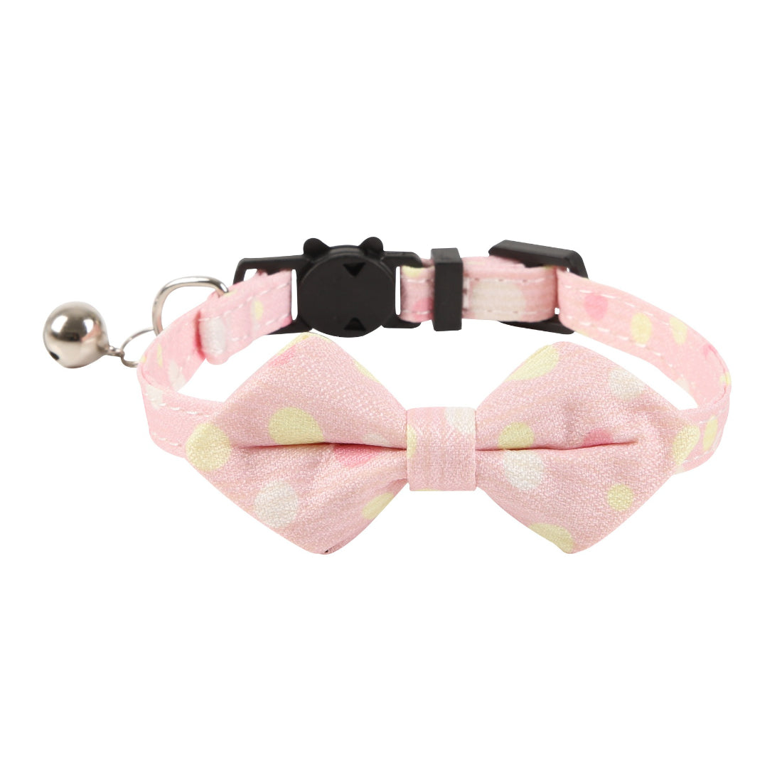 Close-up of Mokka cat collar featuring a colorful dot pattern and a bow detail