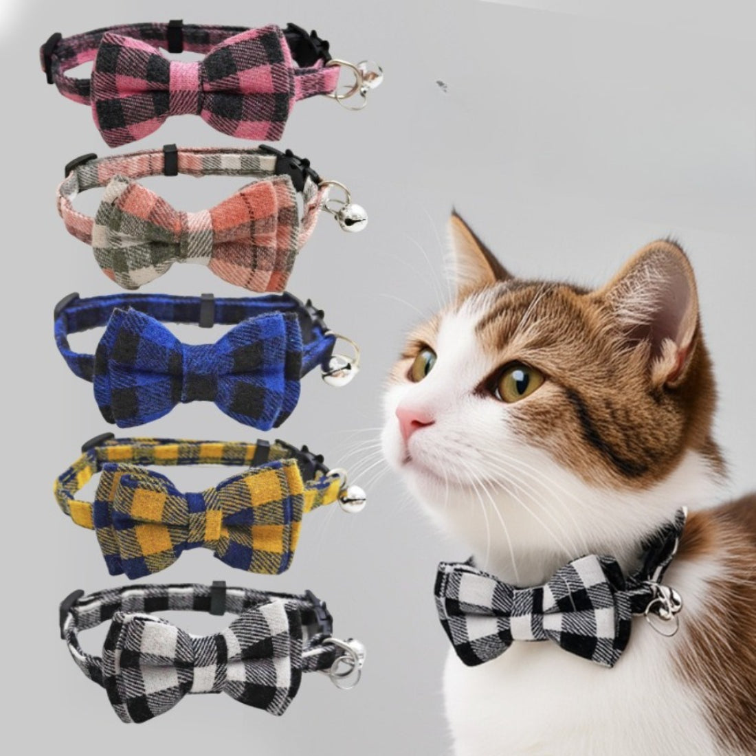 Close-up of Mokka check bow tie cat collar with adjustable strap and metal buckle