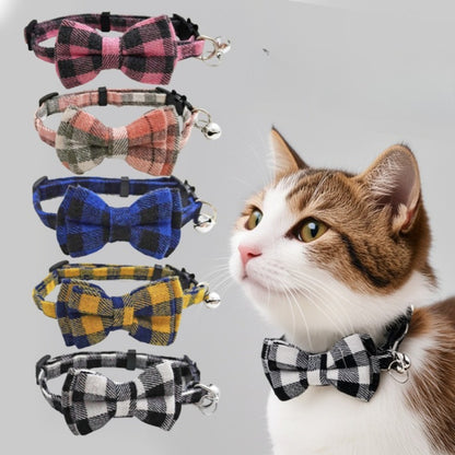 Close-up of Mokka check bow tie cat collar with adjustable strap and metal buckle