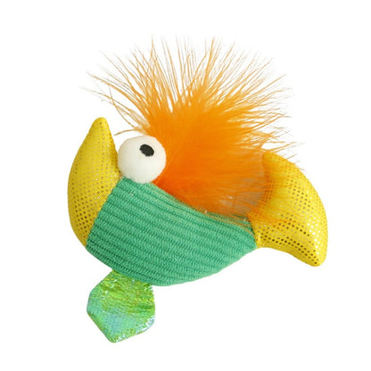 Moo colorful feather fish cat toy with multicolored feathers arranged to resemble a fish