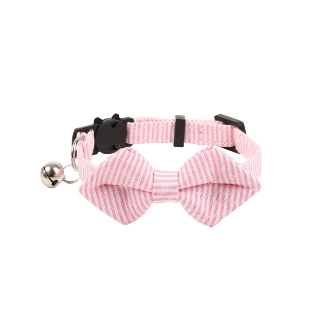Close-up of Mokka striped bow tie cat collar showing bell detail