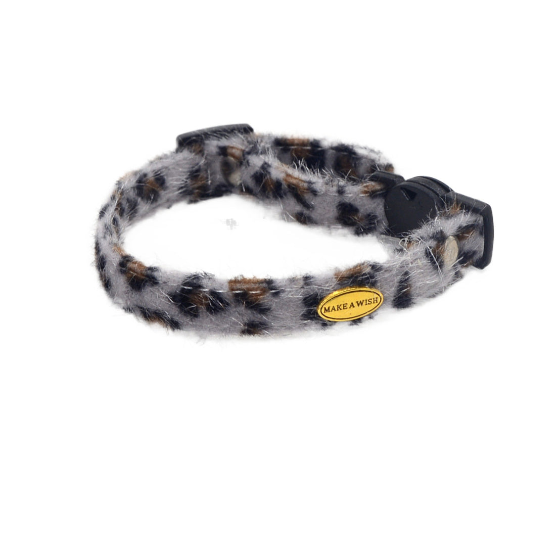 Close-up of Mokka fuzzy leopard print cat collar with breakaway clasp