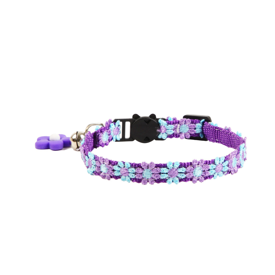Mokka cat collar with rainbow daisy pattern coiled on white background