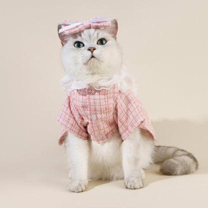 Front view of Ozzie Bow Tweed Cat Top with button design in beige and brown tweed fabric