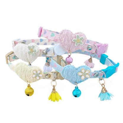 Mokka Heart Floral Charm Cat Collar with Bell displayed on white background