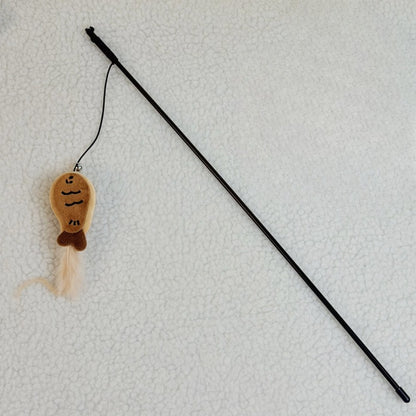 Full view of the Moo Cookie plush cat teaser wand with wooden handle and feather tip