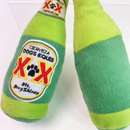 Petkin plush dog beer toy displayed on a wooden surface