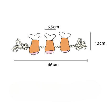 Petkin rope dog toy with chicken drumstick plush on white background
