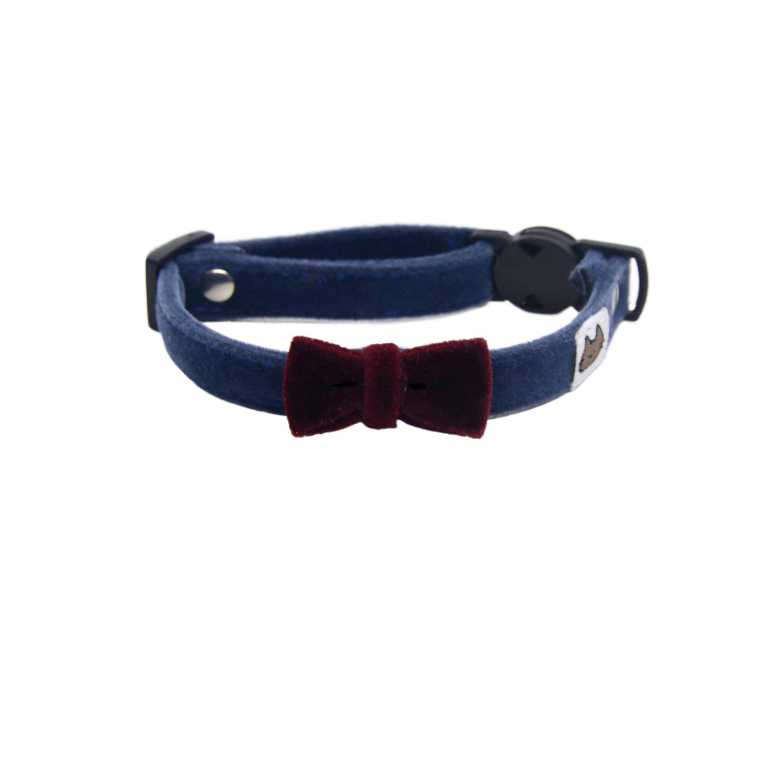 Close-up of Mokka velvet bow cat collar showing soft fabric and detailed stitching