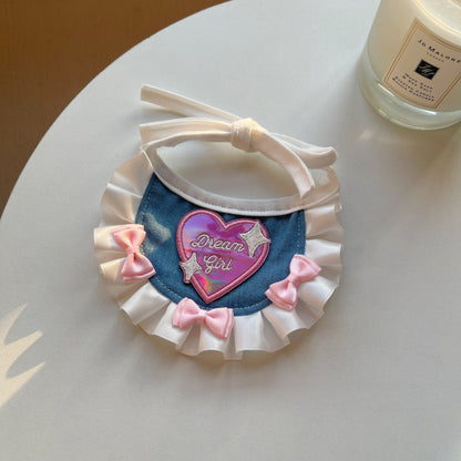 Close-up of Mokka denim lace bow pet bandana highlighting bow and lace texture