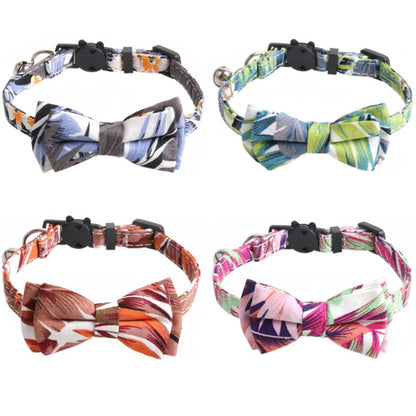 Mokka Tropical Leaf Bow Tie Cat Collar with Bell displayed on white background