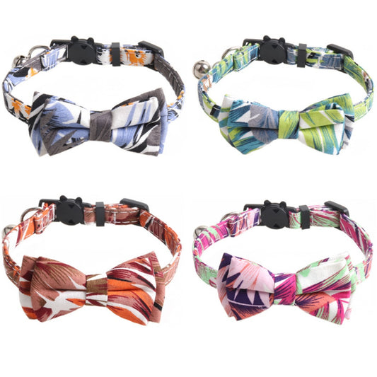 Mokka Tropical Leaf Bow Tie Cat Collar with Bell displayed on white background