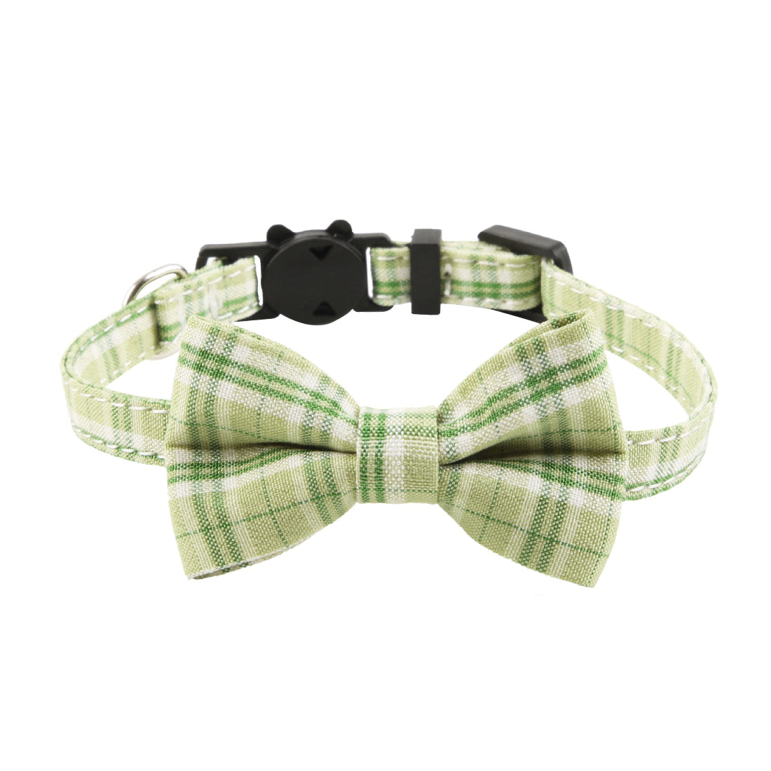 Side view of Mokka plaid bow cat collar emphasizing bow and strap