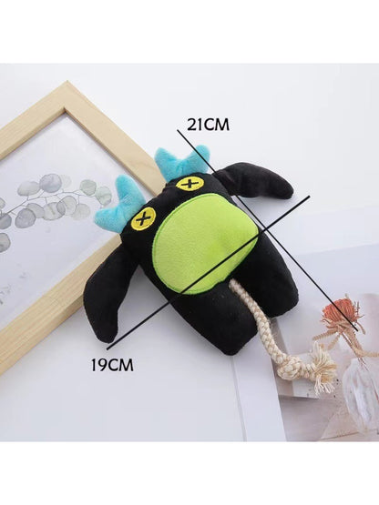 Petkin Monster Rope Plush Dog Toy laying flat showing full length and monster features