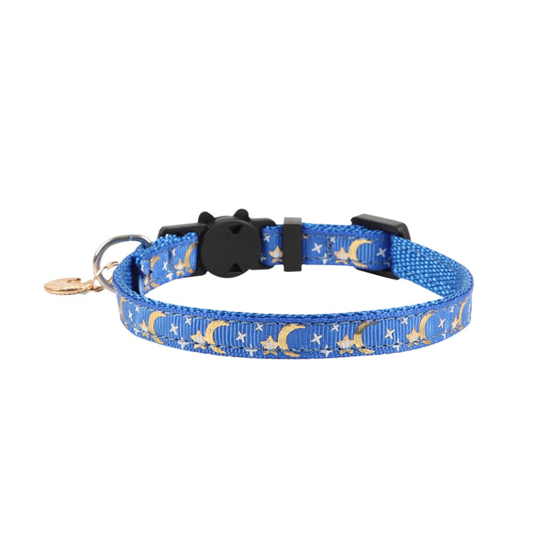 Close-up of Mokka cat collar featuring moon and star pattern with attached bell