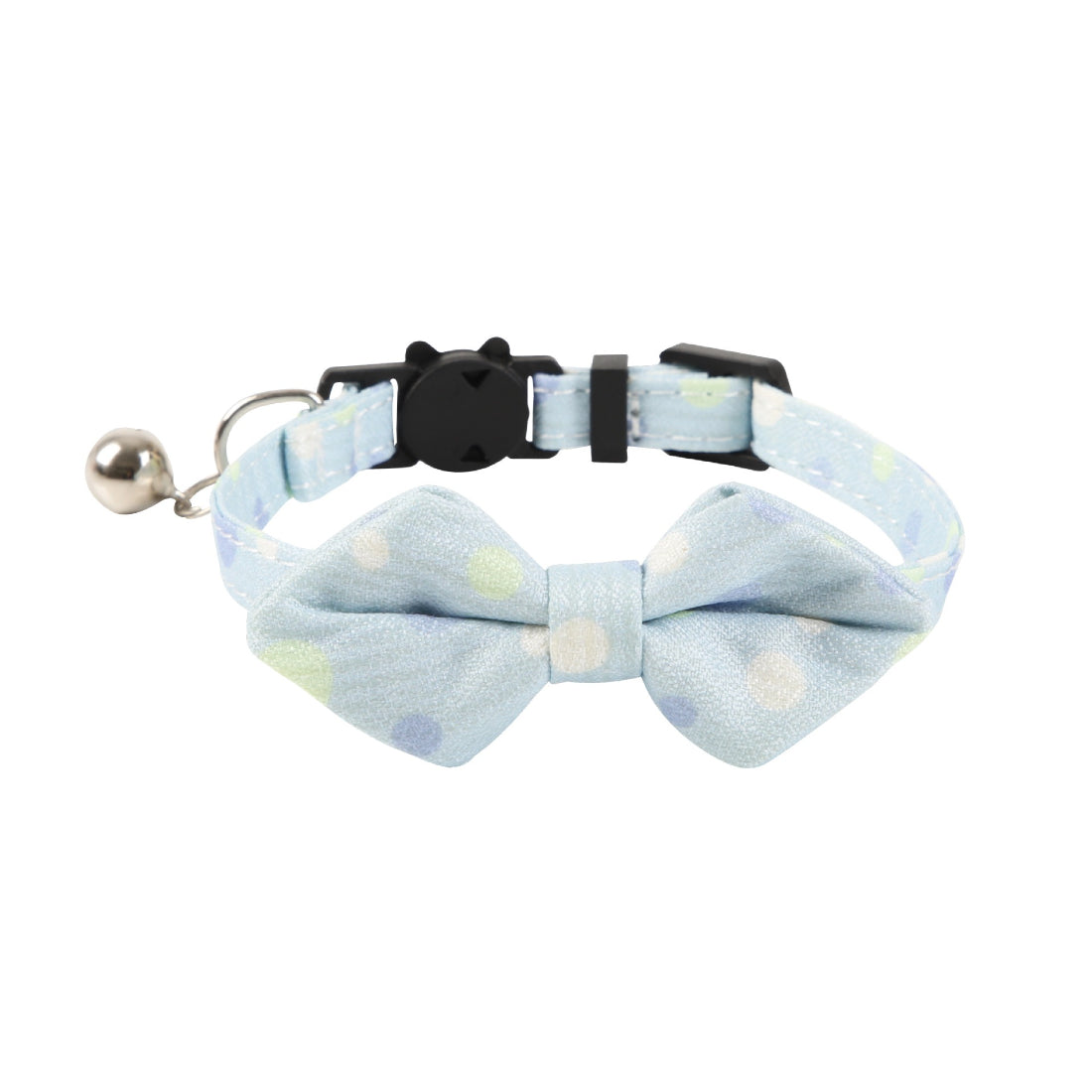 Side view of Mokka colorful dot bow cat collar showing the bow and dot design