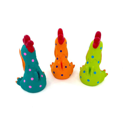 Petkin colorful chicken squeaky dog toy displayed from side angle