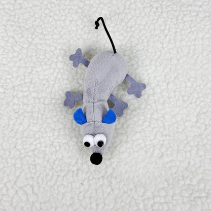 Side view of Moo mouse cat toy highlighting its soft plush material