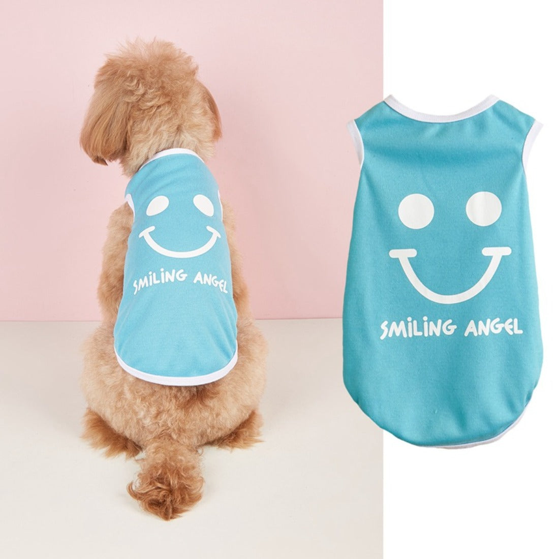 Small dog standing wearing Ozzie smiley print tank top outdoors