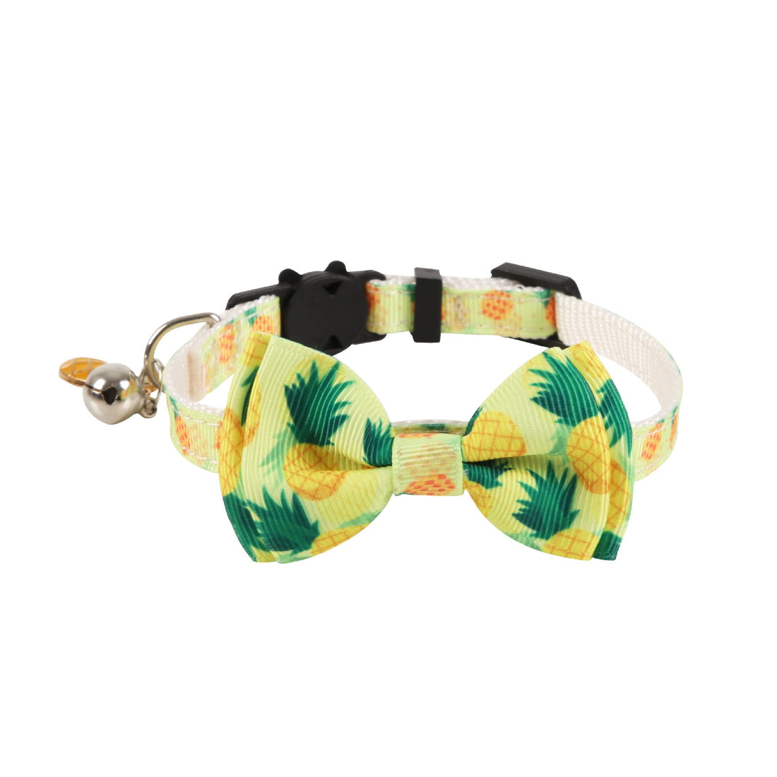 Mokka Tropical Fruit Bow Cat Collar arranged to show full pattern and bow accessory