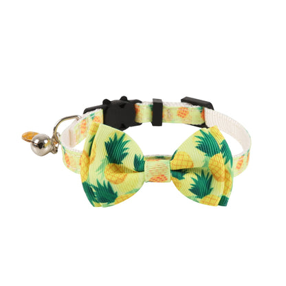 Mokka Tropical Fruit Bow Cat Collar arranged to show full pattern and bow accessory