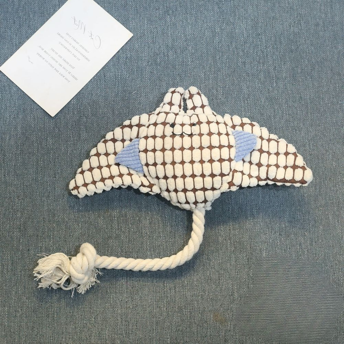 Petkin Rope Tug Stingray dog toy held in hand demonstrating size and interactive play use