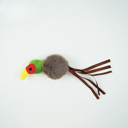 Side view of Moo fluffy bird cat toy highlighting feather colors and shape