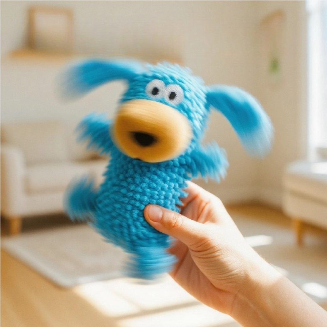 Close-up of Petkin shaggy puppy dog toy showing detailed fur texture and facial features