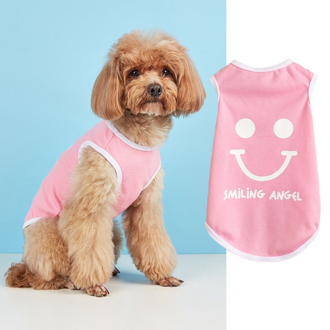 Ozzie smiley print dog tank top displayed flat on white background