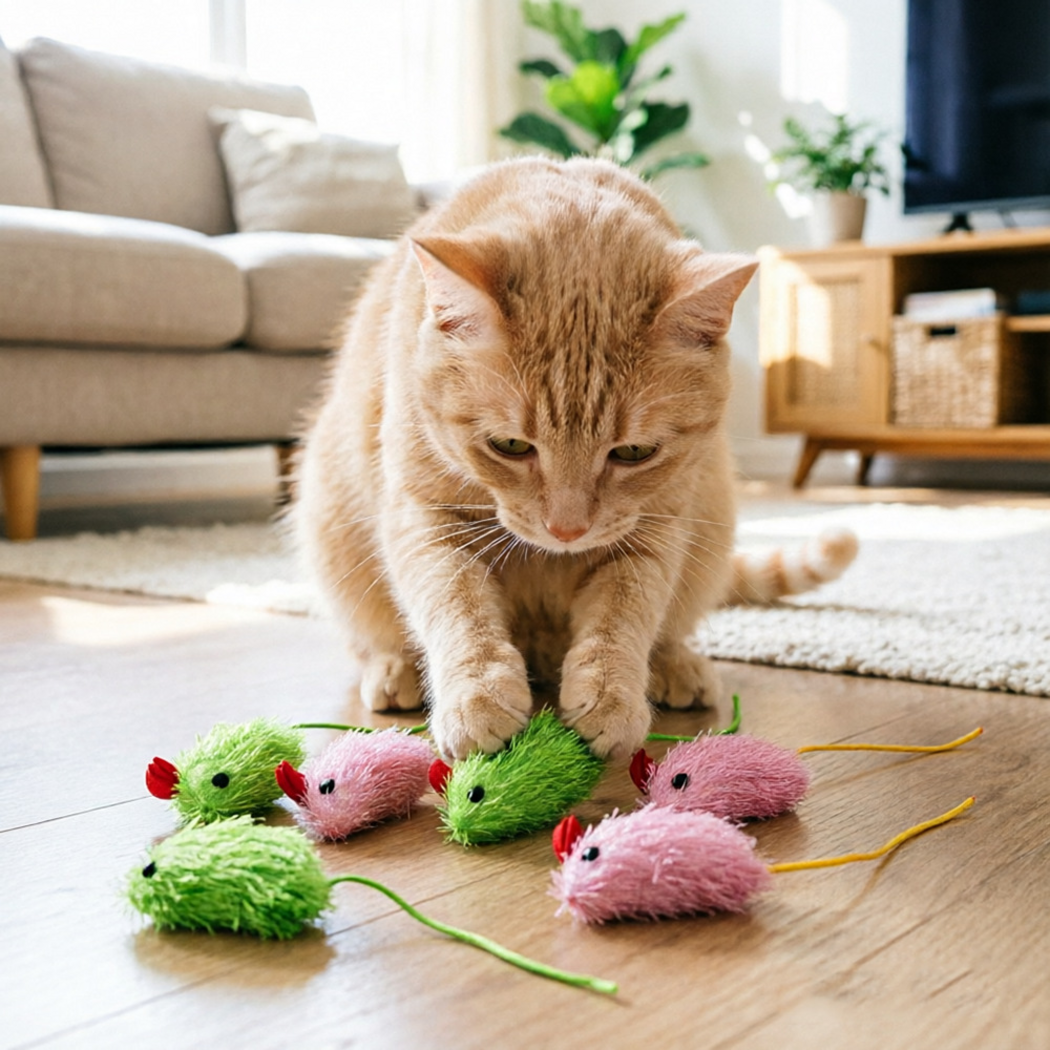 Orange cat touching a green mouse-shaped toy with both front paws beside pink and green toys