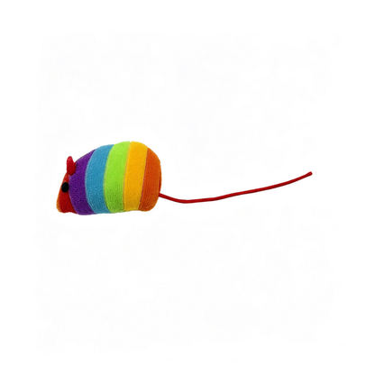 Rainbow-striped mouse-shaped cat toy with a black eye, red ear and long red cord tail on white