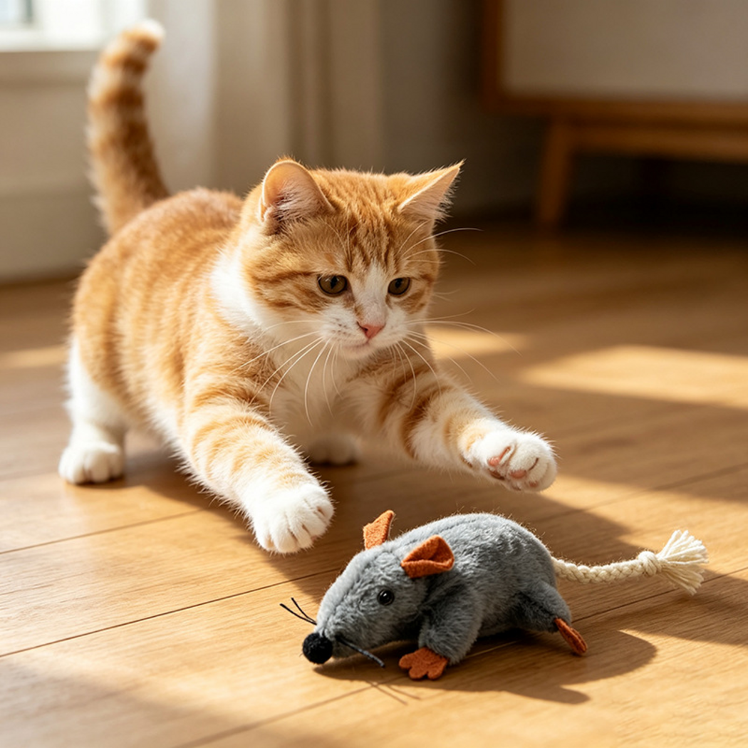 Mouse cat toy on a wooden floor with an orange and white cat extending both front paws