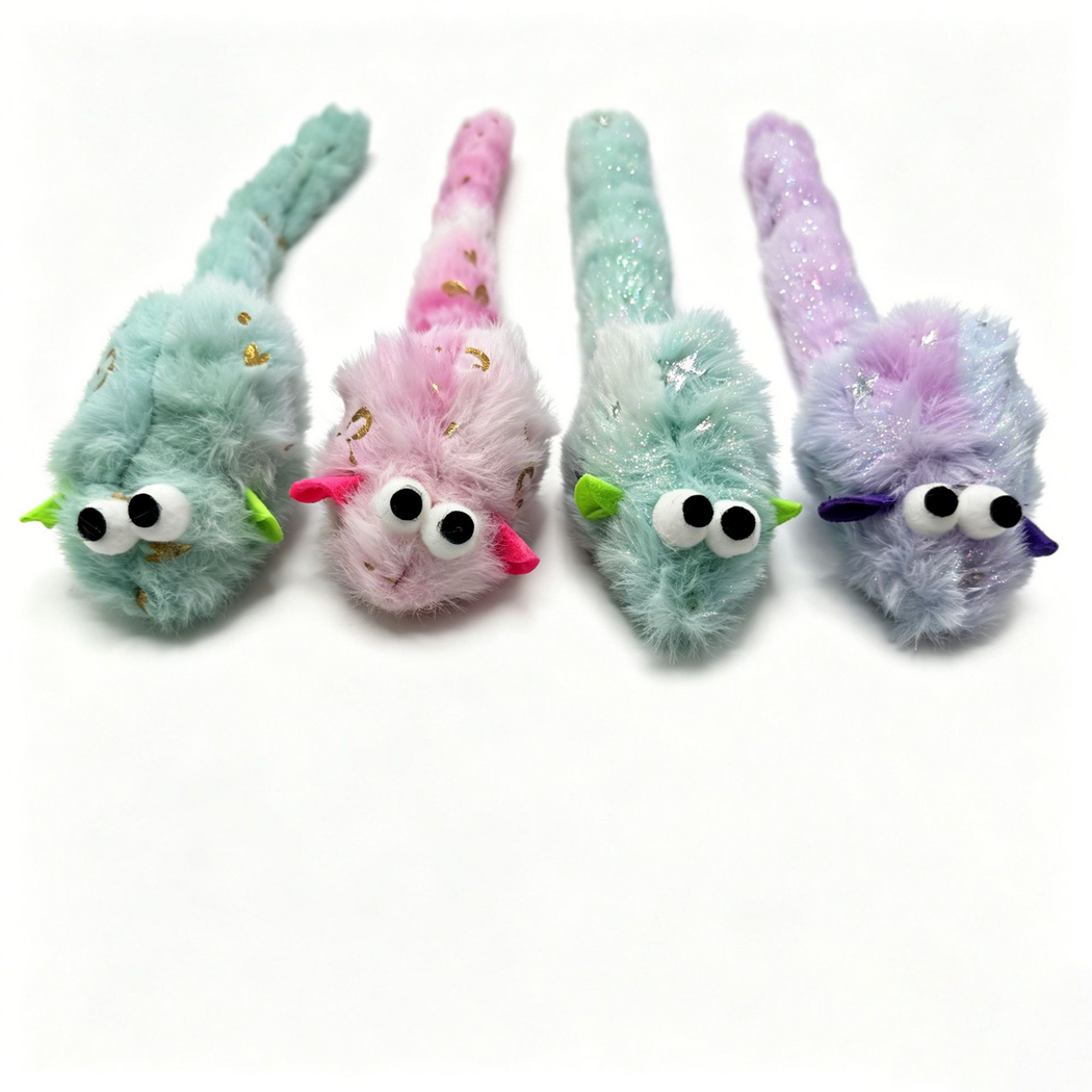 Four mouse-shaped cat toys displaying gold motifs and silver star patterns