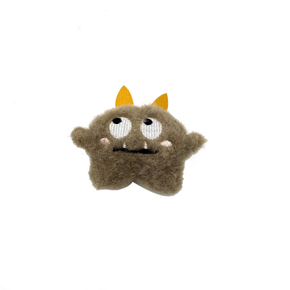 Brown Two-eyed plush cat toy with yellow pointed appendages and a stitched face, front view