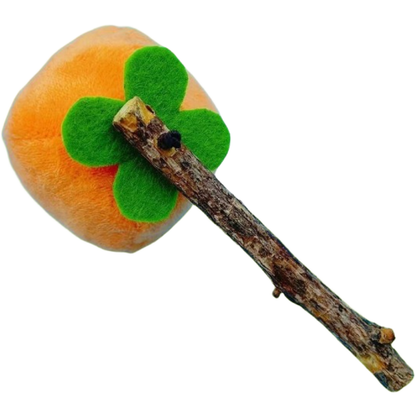 Persimmon cat toy with an orange rounded body, green four-lobed top and attached bark-textured stick