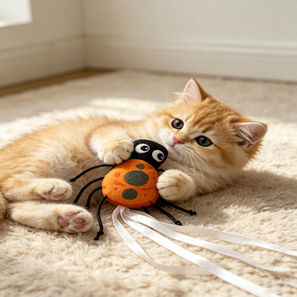 Orange kitten holding a Ladybug cat toy with white ribbons spread across a cream rug