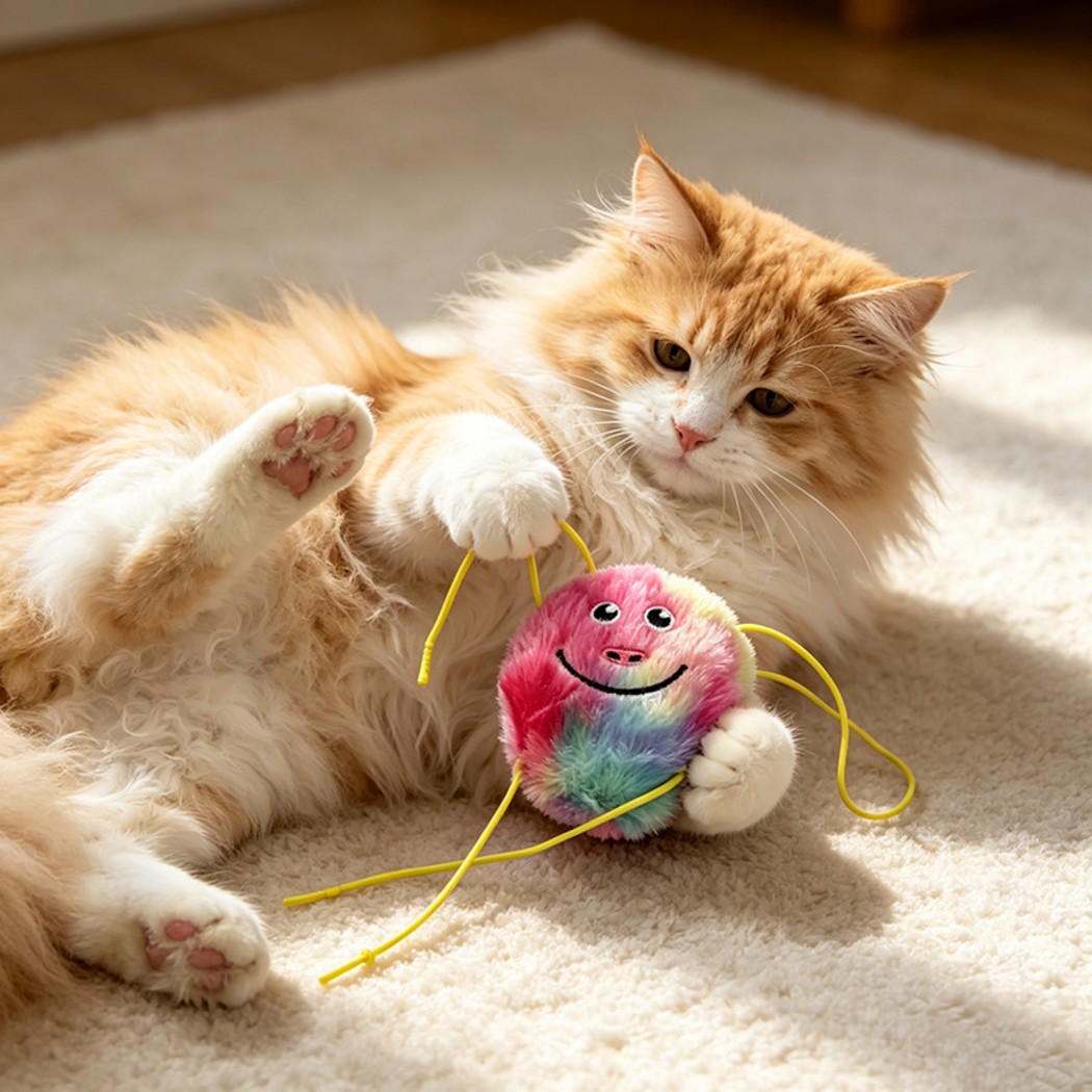Orange-and-white cat reclining with a smiling cat toy and yellow cords