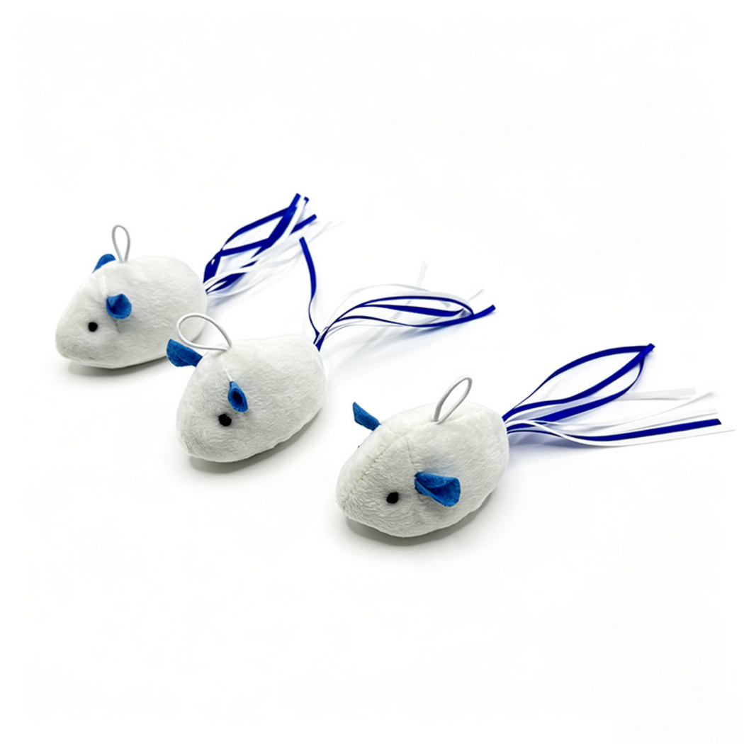 Three mouse-shaped cat toys in diagonal side views with blue ears and blue and white ribbons