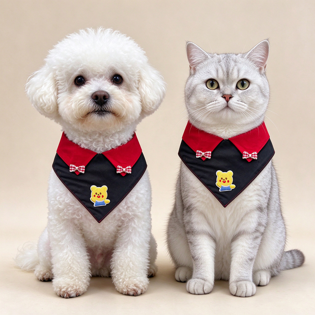 White dog and silver cat wearing Red Pet Neckwear with yellow bear appliqués