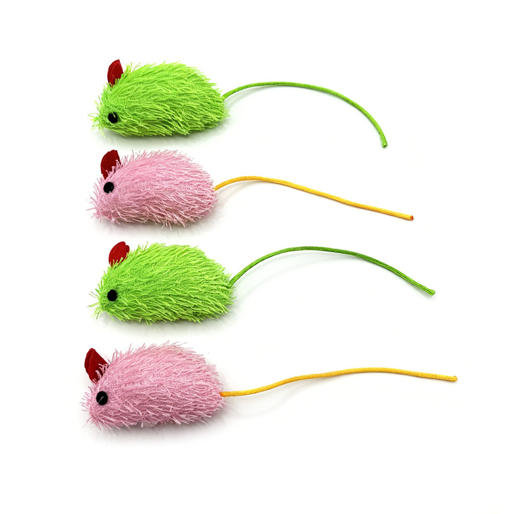 Green and pink mouse-shaped cat toys aligned in rows, showing side profiles and cord tails