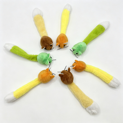Green, Orange and Brown mouse-shaped cat toys viewed from above in a radial arrangement