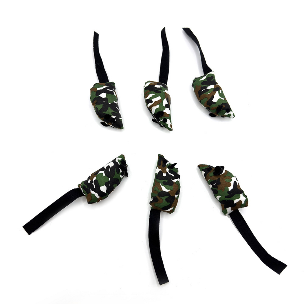 Multicolor camouflage mouse-shaped cat toys arranged in two rows with extended black tails